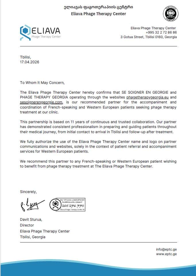 Lettera ufficiale di partnership tra l'Eliava Phage Therapy Center e Phage Therapy Georgia, firmata da Davit Sturua, Direttore, aprile 2026